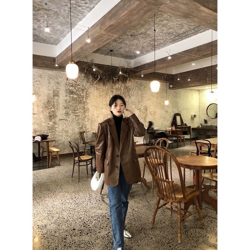 New Spring/Autumn 2024 Korean-style loose retro brown leather pu suit, loose casual suit jacket for women Specification image