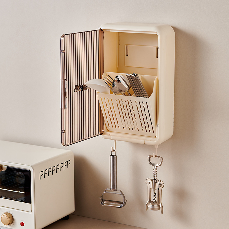Wall-mounted 筷笼 dust-proof household 筷笼 non-drilling storage rack, multi-functional high appearance level with cover and draining chopstick cage Application Scenario