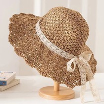 Straw hat woman foldable pretty lady style lace bow beach hat woman Summer beach visor woman