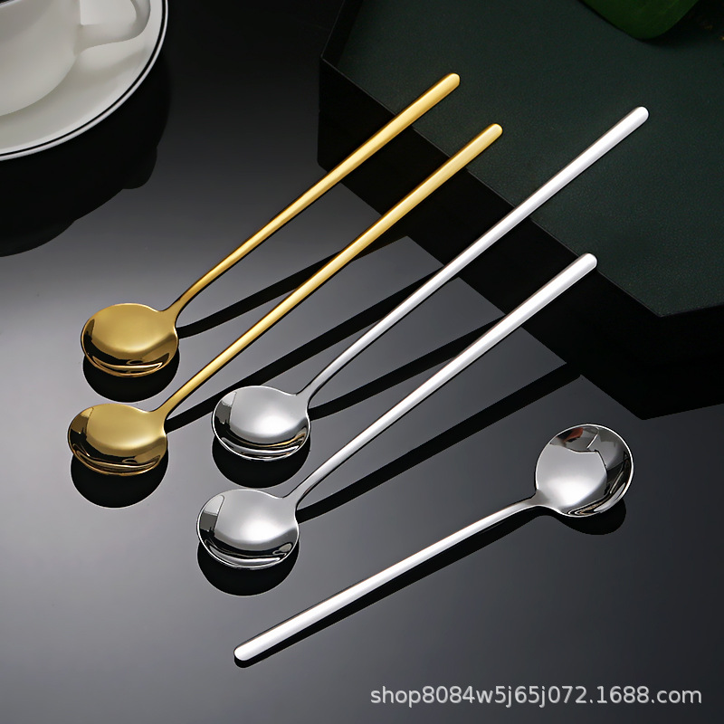 304 Stainless Steel Golden Small Round Spoon, Coffee Spoon, Long-Handled Bird's Nest Spoon, Stirring Spoon, Household Dessert Spoon, Honey Spoon