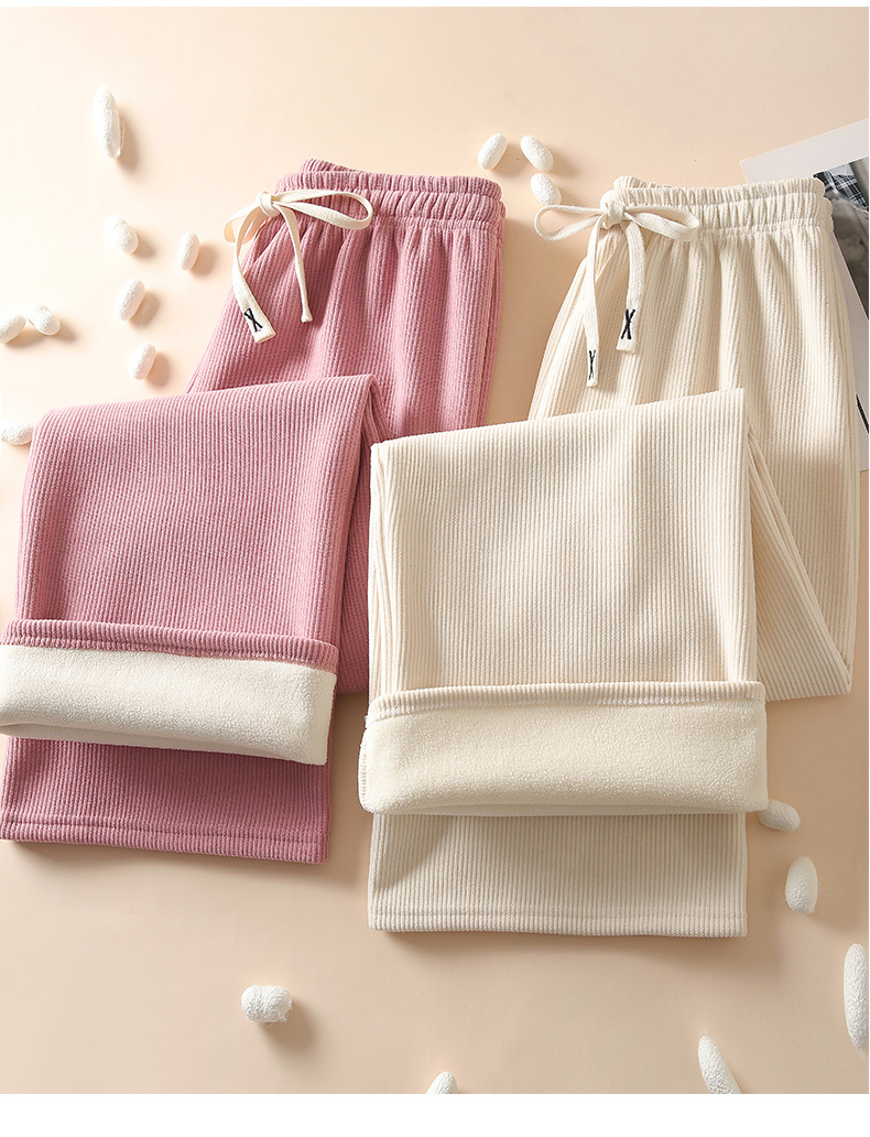 H506加绒阔腿裤女秋冬高腰垂感宽松显瘦灯芯绒直筒拖地白色休闲裤详情15