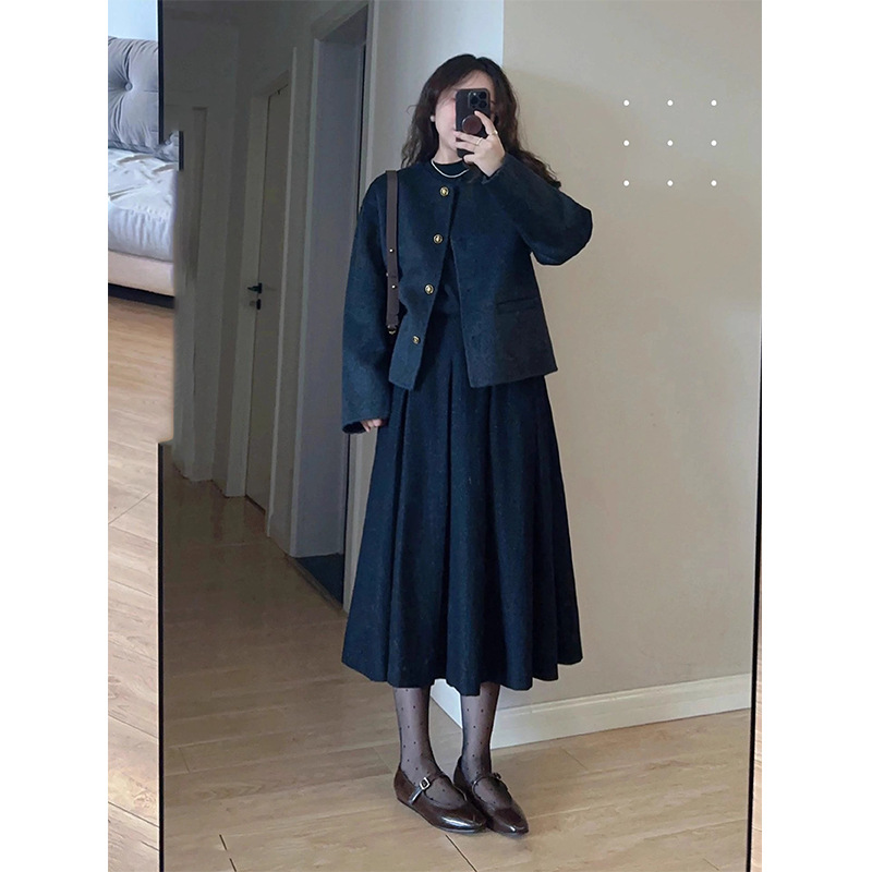 French Style Black Double-Sided Cashmere Coat Women's Autumn-Winter Wool Double-Sided Wool Short Tweed Coat Specification drawing