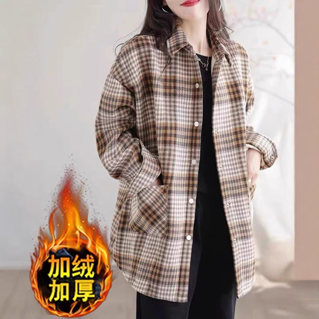 秋冬新款中长款休闲外套复古宽松磨毛格子衬衫女加绒加厚文艺衬衣