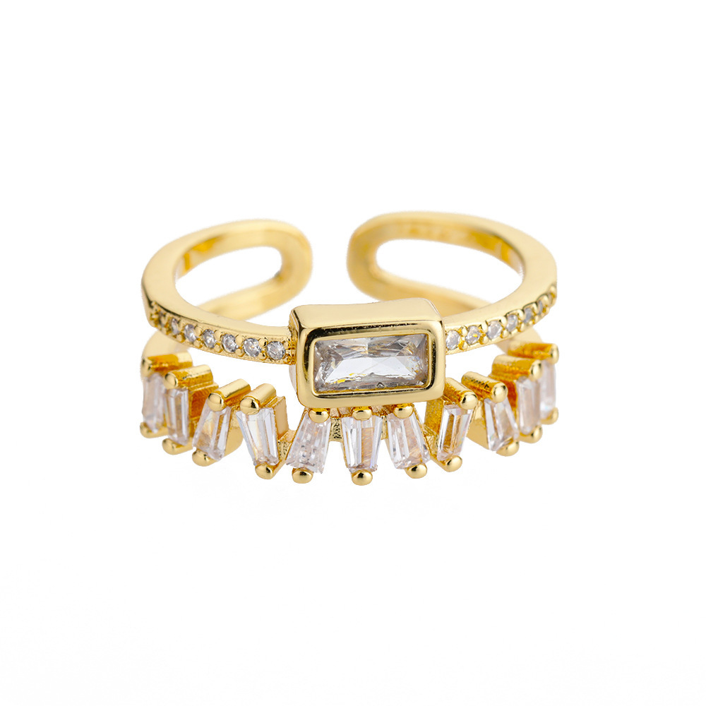 Kimoj's New Ring, Cross-Border Jewelry Supply From Europe And America, Geometric Double-Layer Ring, Slightly Set Zircon Ring, T-Shaped Zirconium Retro And Fashionable Tail Ring For Women Item Picture