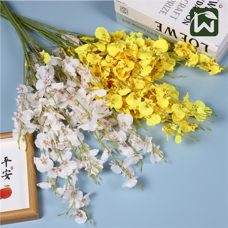 Wholesale of dancing orchids, single branches of oncidium, maple leaves, snowfall artificial flowers, green plants and flower arrangements from the original manufacturer for home landscaping and decoration details Picture