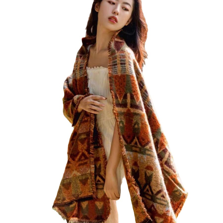 European And American National Style Shawl Female Xinjiang Tibet Travel Photo Wearing Outside To Take Sichuan Cape Dual-Purpose Scarf Female Winter Item Picture
