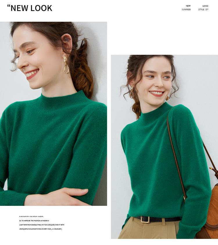 100% ready-to-wear wool sweater for women, semi-high neck, autumn and winter solid color loose pullover, Korean-style knitted base layer sweater pic 18