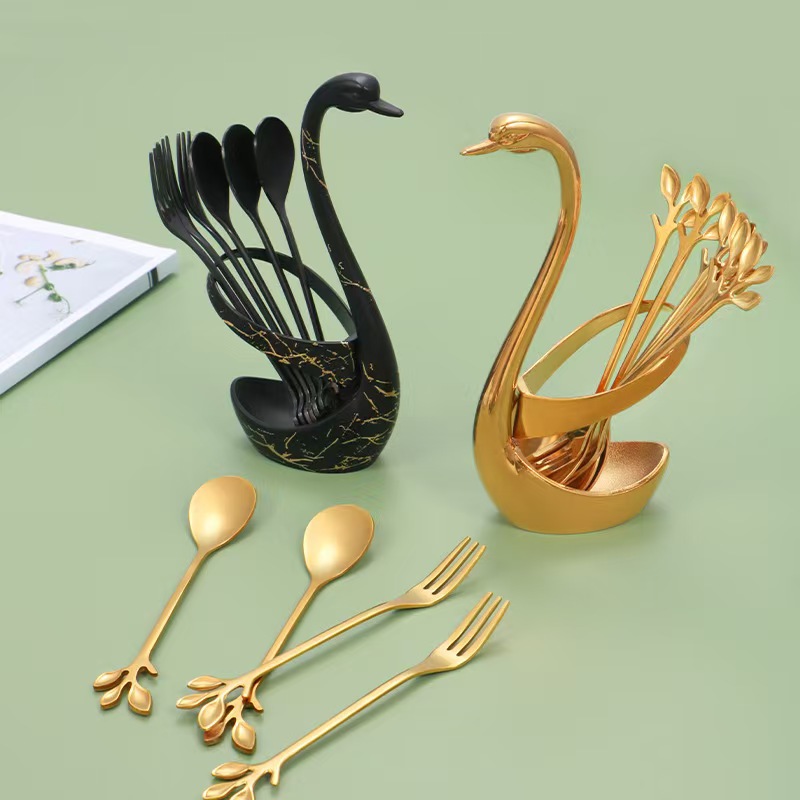 Wholesale Cross-Border Stainless Steel Wing Spoon And Fork Fruit Fork Pick Leaf Dessert Spoon Creative Swan Base Combination Set Application Scenario