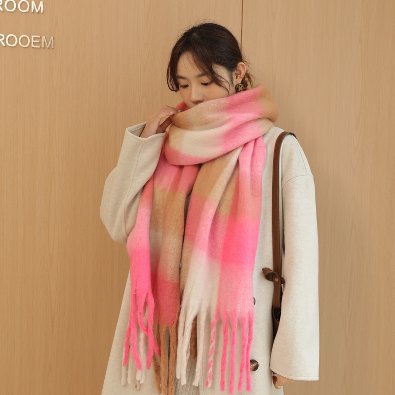 Rainbow Scarf Women's Mohair Warm Couple Shawl Bib Ac Plaid Thickened Color Thick Fringe Scarf details Picture