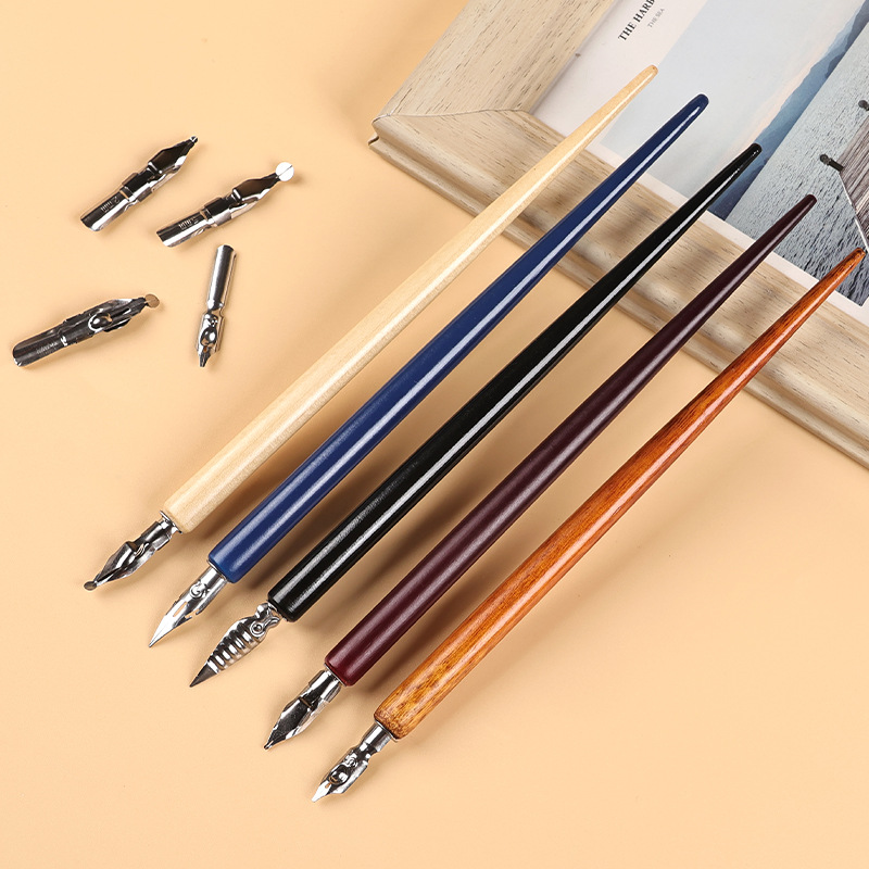 New dip pen solid wood stick art English calligraphy comic pen set with interchangeable pen tips, wooden stick handmade pen wholesale Application Scenario