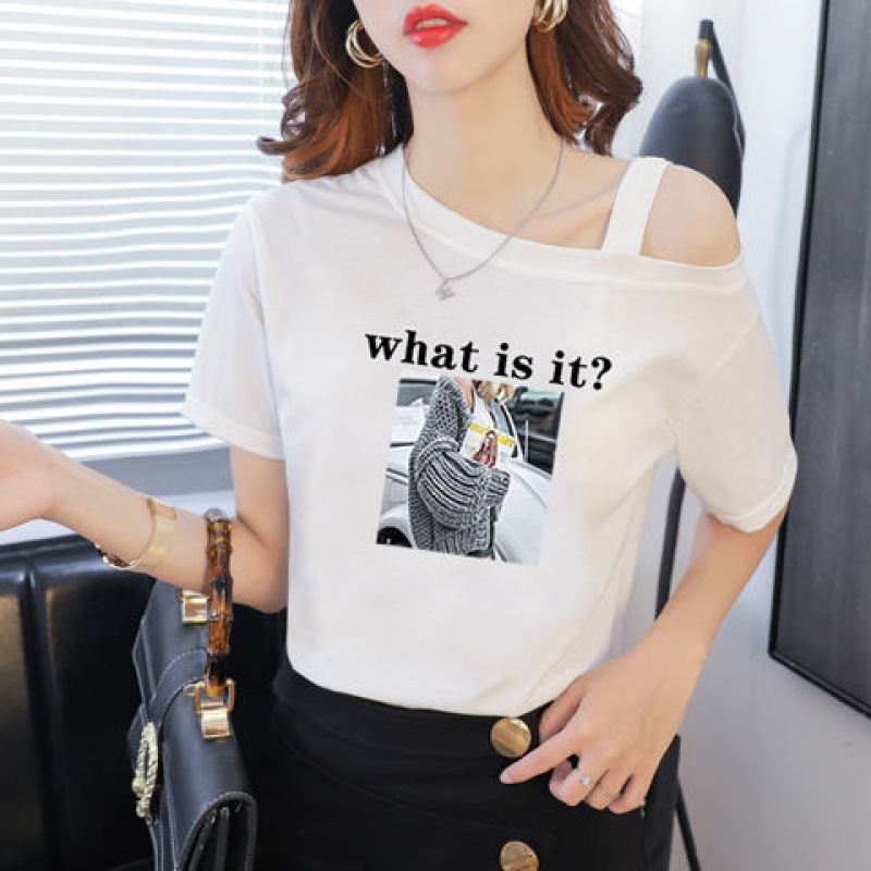 Off hombro mujer camiseta de manga corta de algodón mujer verano 2021 nuevo estilo holgado coreano mujer versátil estampado tendencia Item Picture