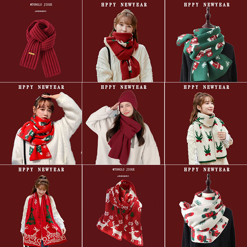 Christmas Deer Knitted Scarf Female Red Thick Warm Bib Student Long Gift Green Christmas Bib