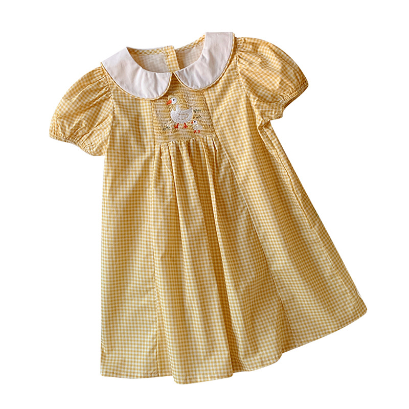 2025 Summer children's clothing, cable animal embroidery girls' dress, doll lapel bubble short-sleeved plaid children's dress Item Picture