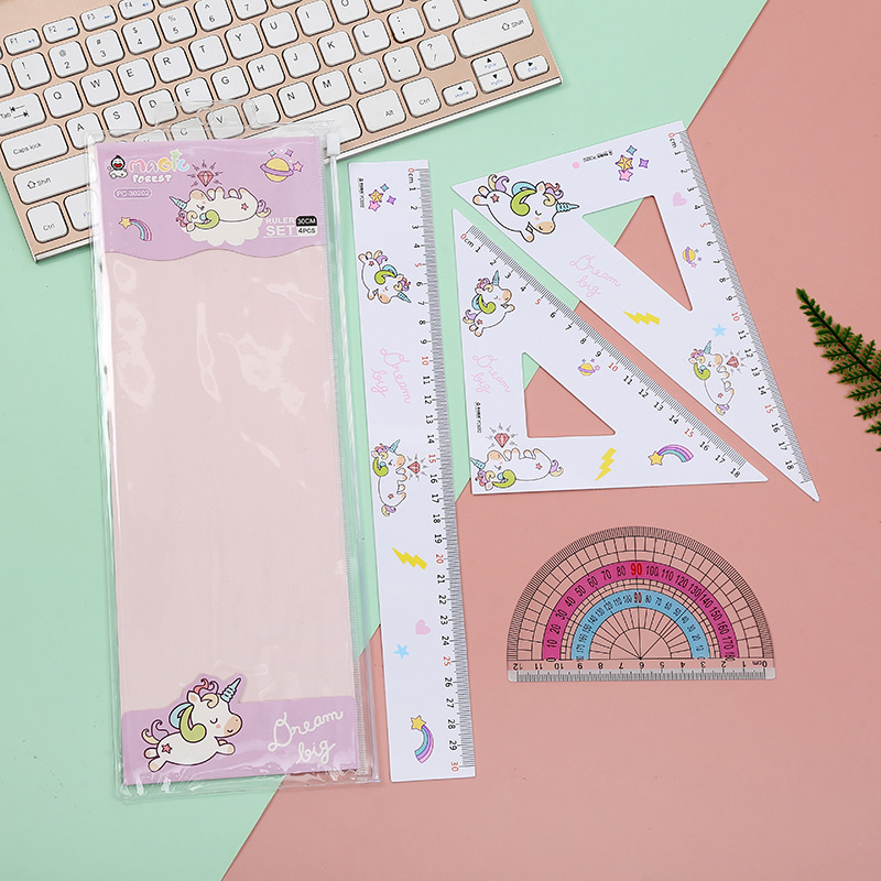 2021 new unicorn cartoon ruler set student set ruler, ruler, triangle protractor 4 pieces wholesale Specification drawing