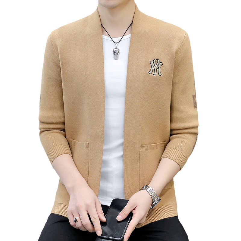 代发2023秋季新款刺绣毛衣男士韩版修身纯色简约休闲针织衫外套潮