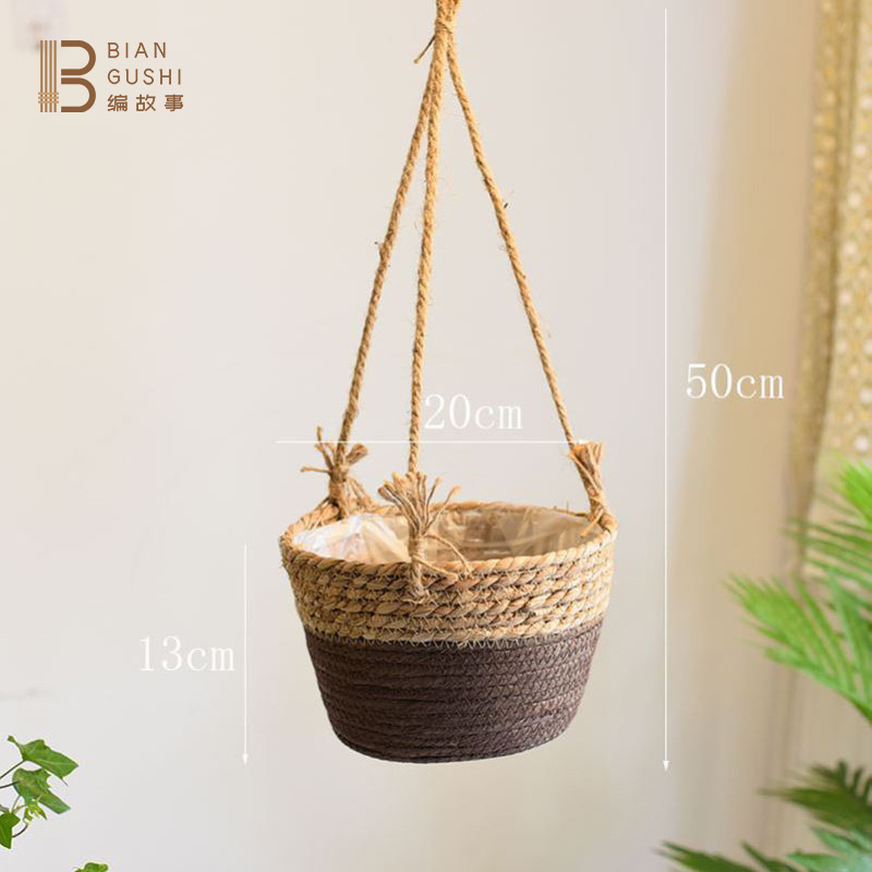 Cross-Border Hot Selling Garden Wind Straw Hanging Basket Flower Basket Hand-Woven Hanging Basin Creative Home Pot Pot Set Application Scenario