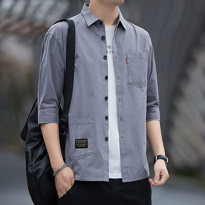 2025 Summer trendy and versatile three-quarter sleeve shirt, men's workwear shirt, loose short-sleeved top coat Specification image