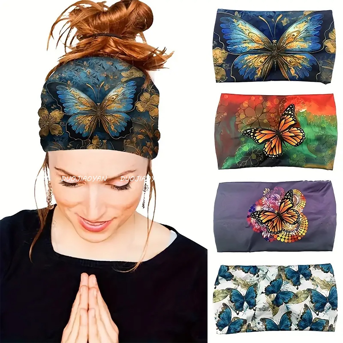 Cross-border Amazon best-selling waistband, colorful large butterfly print headscarf, wide-edge elastic sports sweat-absorbing headband full figure
