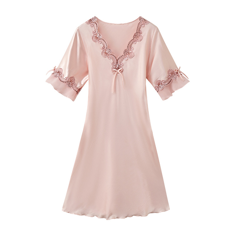 Summer thin women's ice silk nightgown, silk satin sexy lace flower spring and summer mid-sleeved dress, home wear wholesale Item Picture
