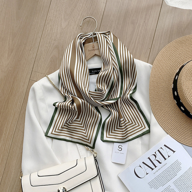 Strict Selection Of New Ins Style Simple Silk Scarf Double-Sided Stripes Imitation Silk Ribbon Satin Scarf Elegant Headband Wholesale Application Scenario