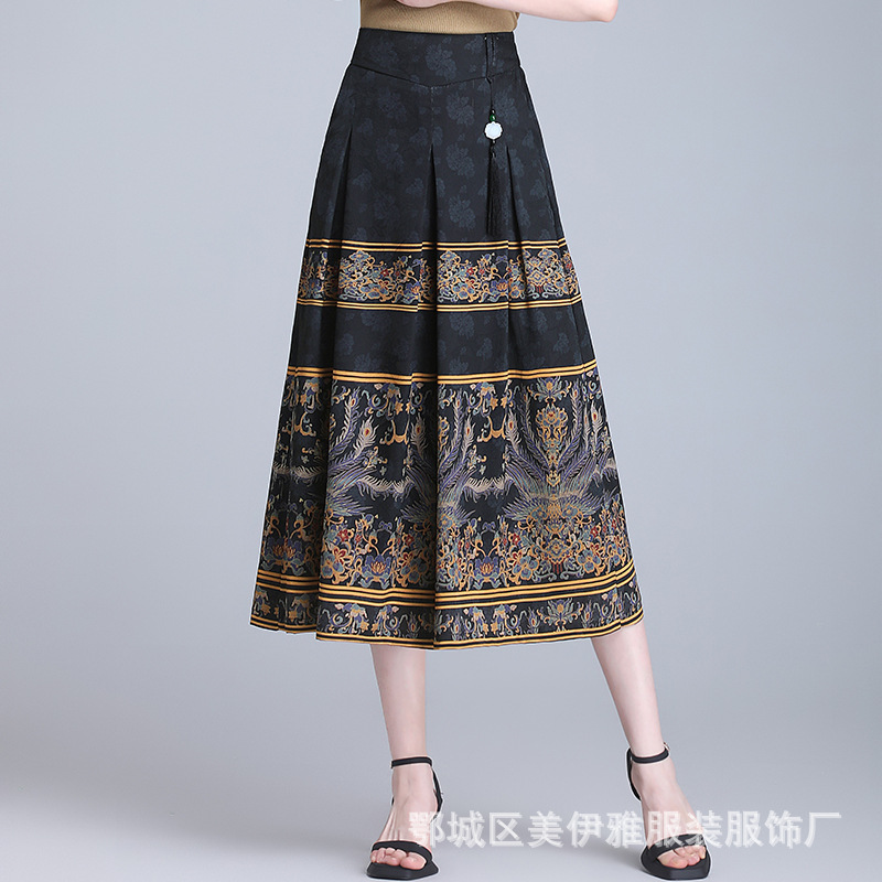 "National trend and style wide-leg pants for women, summer thin ice silk mom pants, high-waisted loose positioning printed culottes, seven-inch pants. details Picture