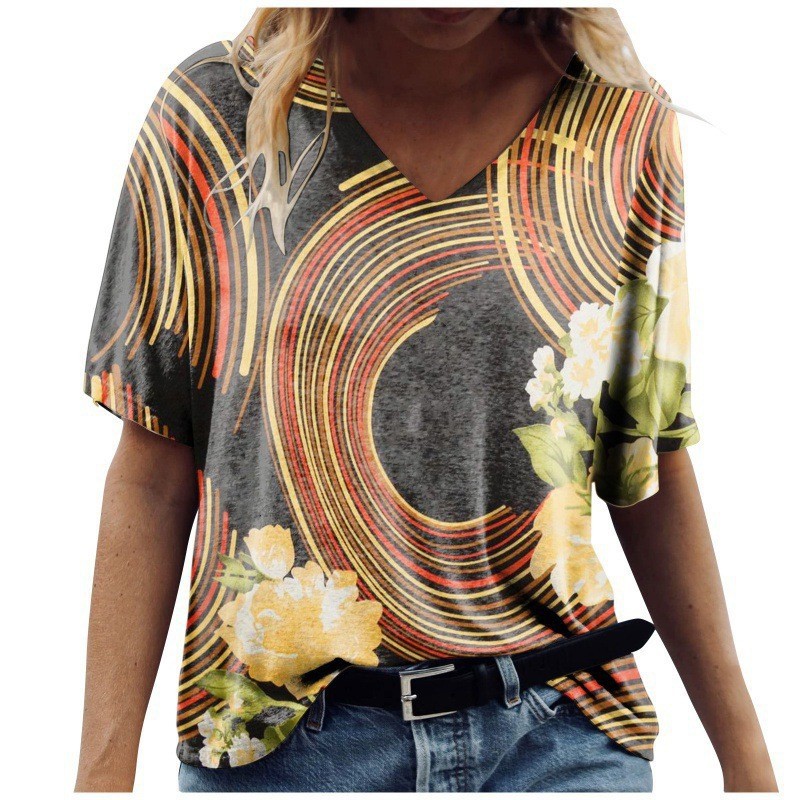 New Amazon T-shirt cross-border manufacturer supply, loose cross-border 3DV collar short-sleeved T-shirt for women with printed MJ from Europe and America details Picture