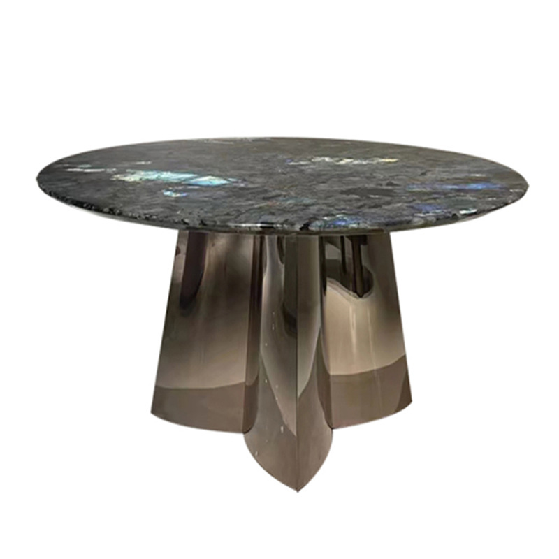 Blue jade natural marble round table light luxury microcrystalline stone turntable modern household stainless steel luxury stone dining table