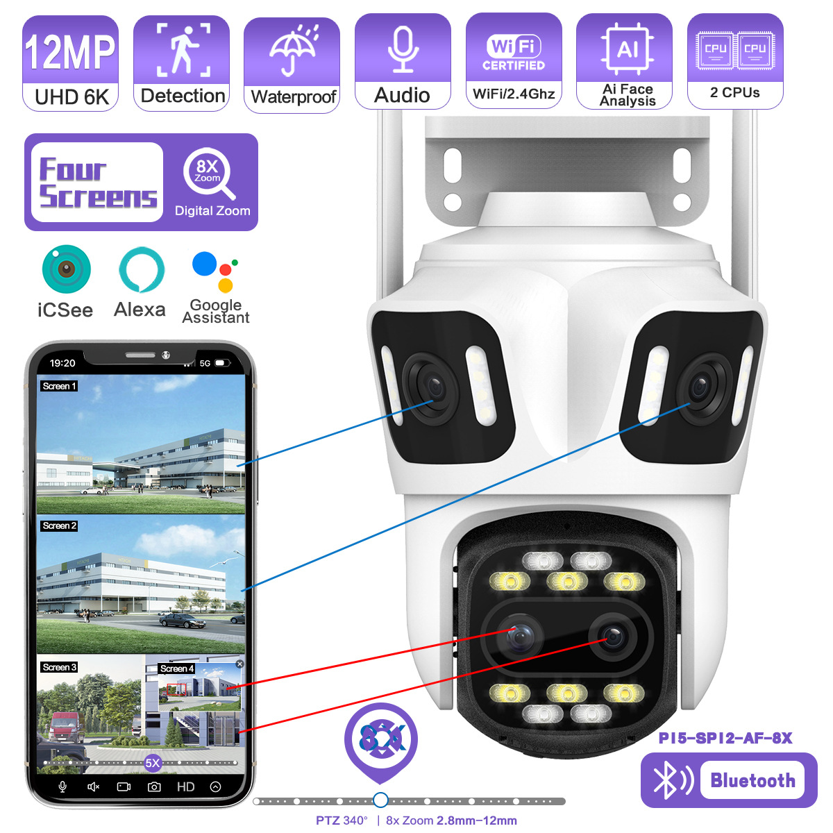 Gun-ball linkage three-eye high-definition monitoring, 8x zoom outdoor panoramic camera without blind spots, wireless WIFI
