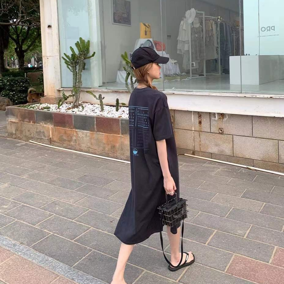 Summer new short-sleeved loose and baggy printed slit mid-length dress T-shirt casual and fashionable dress Application Scenario