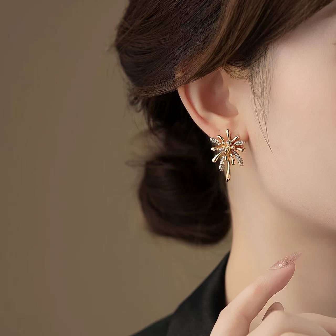 S925 Silver Needle Gold Zircon Fireworks Earrings, a unique, high-end, exquisite, light luxury and stunning earring accessory for the New Year Specification image