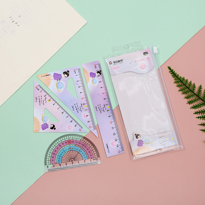 Student ruler set straight triangle transparent protractor color printing set ruler 4 sets of manufacturers directly details Picture