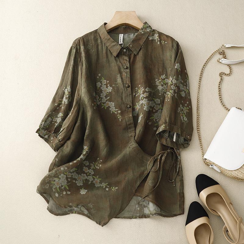 New summer 2023 Korean-style oversized oversized figure-concealing printed fashionable irregular cardigan, casual and elegant cotton and linen shirt for women Application Scenario