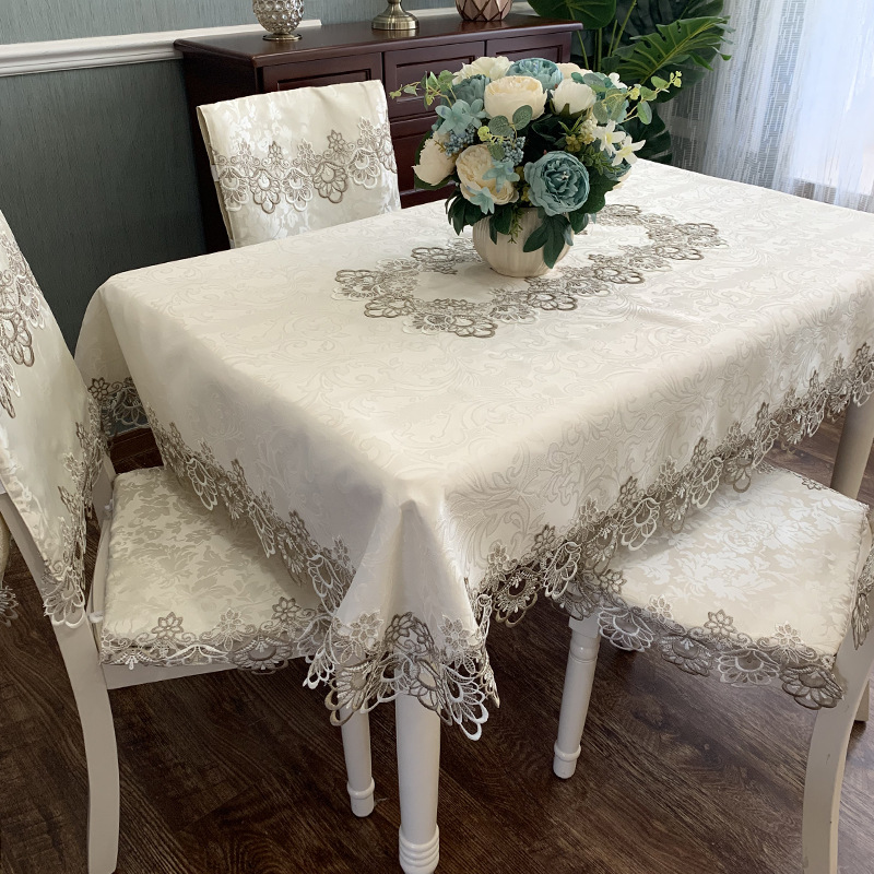 V3FP American tablecloth fabric heat-resistant and heat-insulating home chair cover, white dining table chair cover and cushion set, long Item Picture