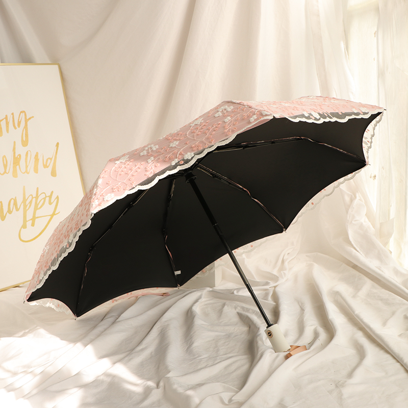 UMC7刺绣双层黑胶防晒少女心蕾丝全自动防紫外线晴雨两用遮阳太阳