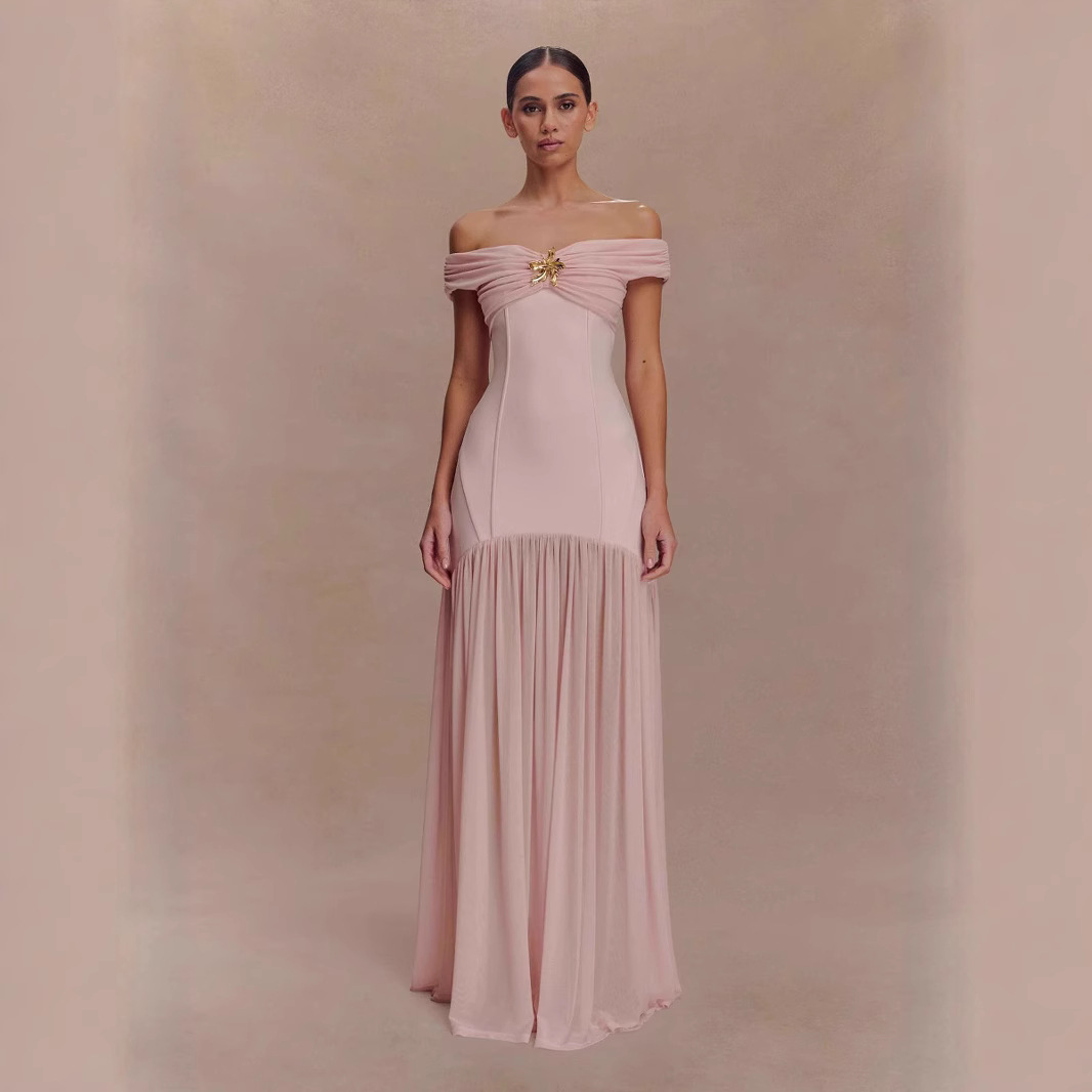 HELJ26跨境货源气质时尚抹胸花朵装饰修身显瘦一字连衣裙dress