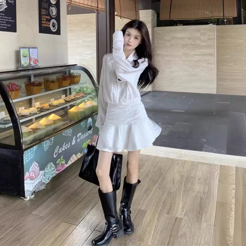 For the 2024 autumn collection, a new women's dress in white, slimming, ruffled long-sleeved faux two-piece laid-back shirt dress Application Scenario