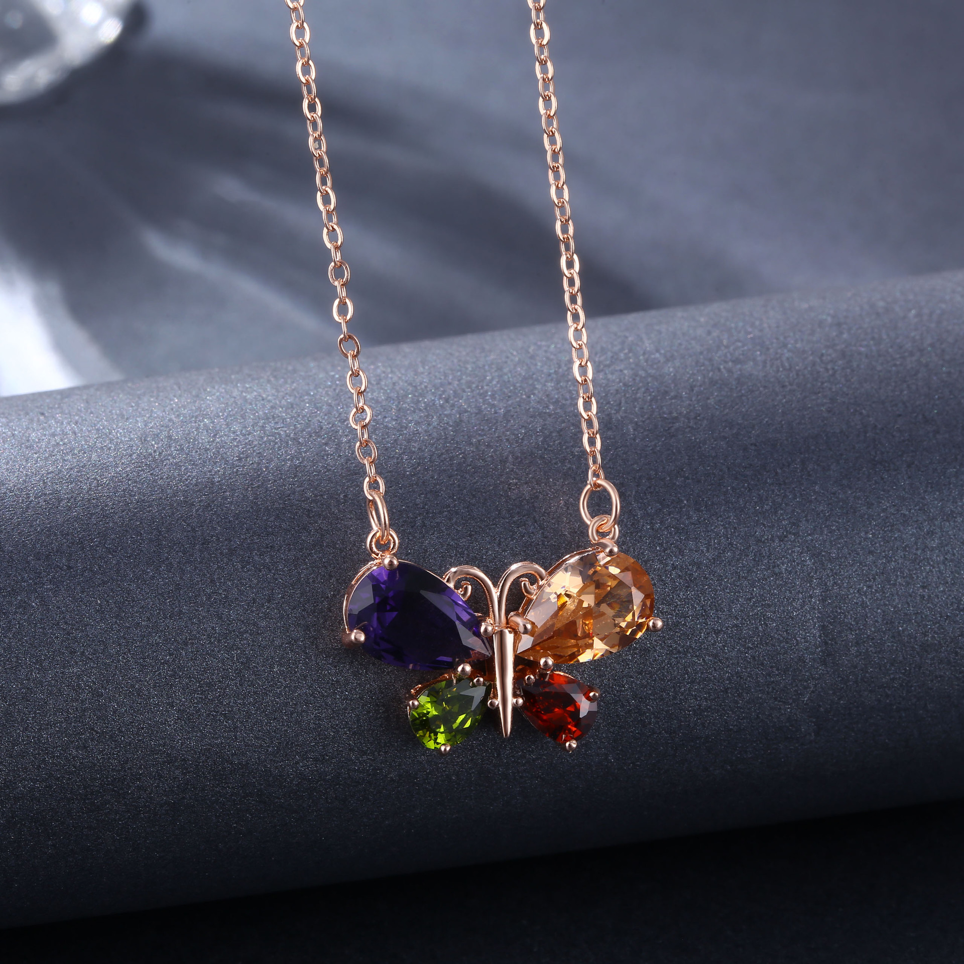 Kashi Rose Classic Diamond Zircon Seven-color crystal Butterfly Necklace Earring Set, fashionable European and American ear ring pendant details Picture