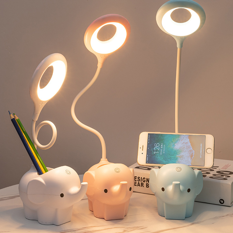 Cute elephant desk lamp led eye-protecting study creative dormitory desk touch lithium battery smart color-adjustable desk lamp