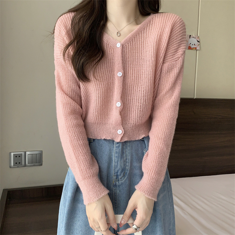 韩国新款早秋女装时尚针织开衫 纯色小众设计感上衣长袖毛衣外套详情图3