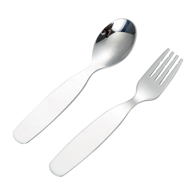 Creative Children's Stainless Steel Spoon And Fork Set Flat Handle Thickened Toddler Spoon Baby Spoon Eating Small Spoon And Fork Item Picture