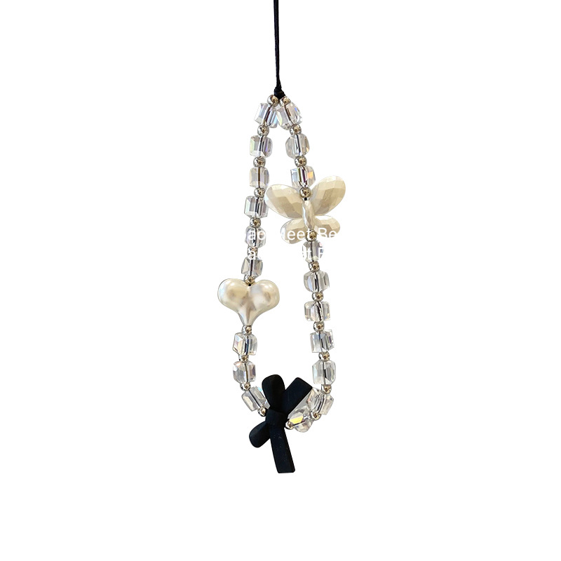 Creative Butterfly Love Mobile Phone Chain Black Bow Mobile Phone Case Pendant Plastic Square Beaded Mobile Phone Lanyard Item Picture