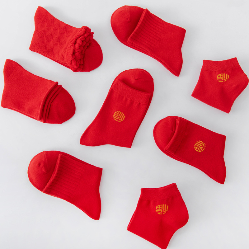 Wholesale red socks for autumn and winter couples, large red socks, mid-calf red socks, cotton socks for men and women's wedding, large red socks, lucky socks for the year of one's zodiac sign Specification image