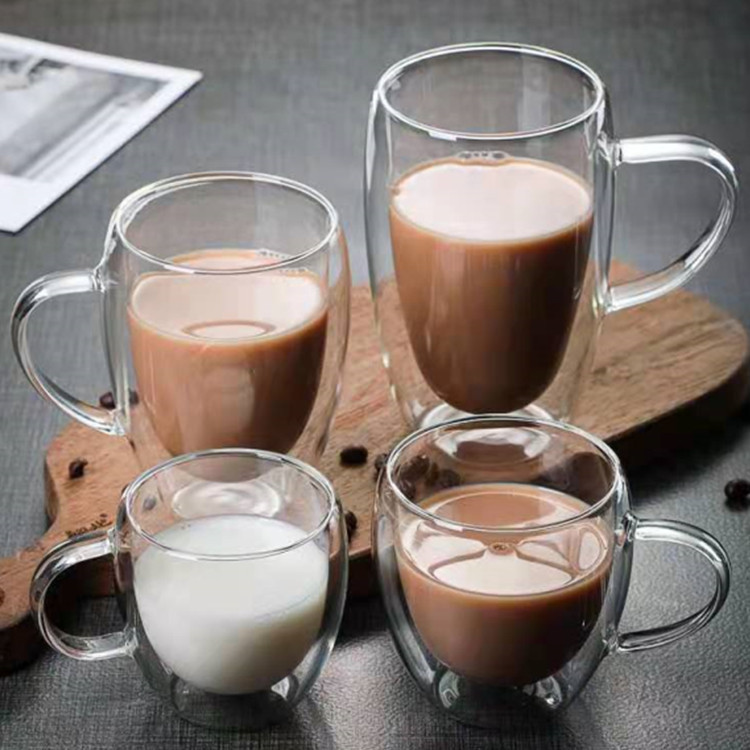 Glass cup with handle, high appearance level, transparent glass, milk tea beverage drinking cup, multiple specifications, heat-insulating double-layer cup details Picture