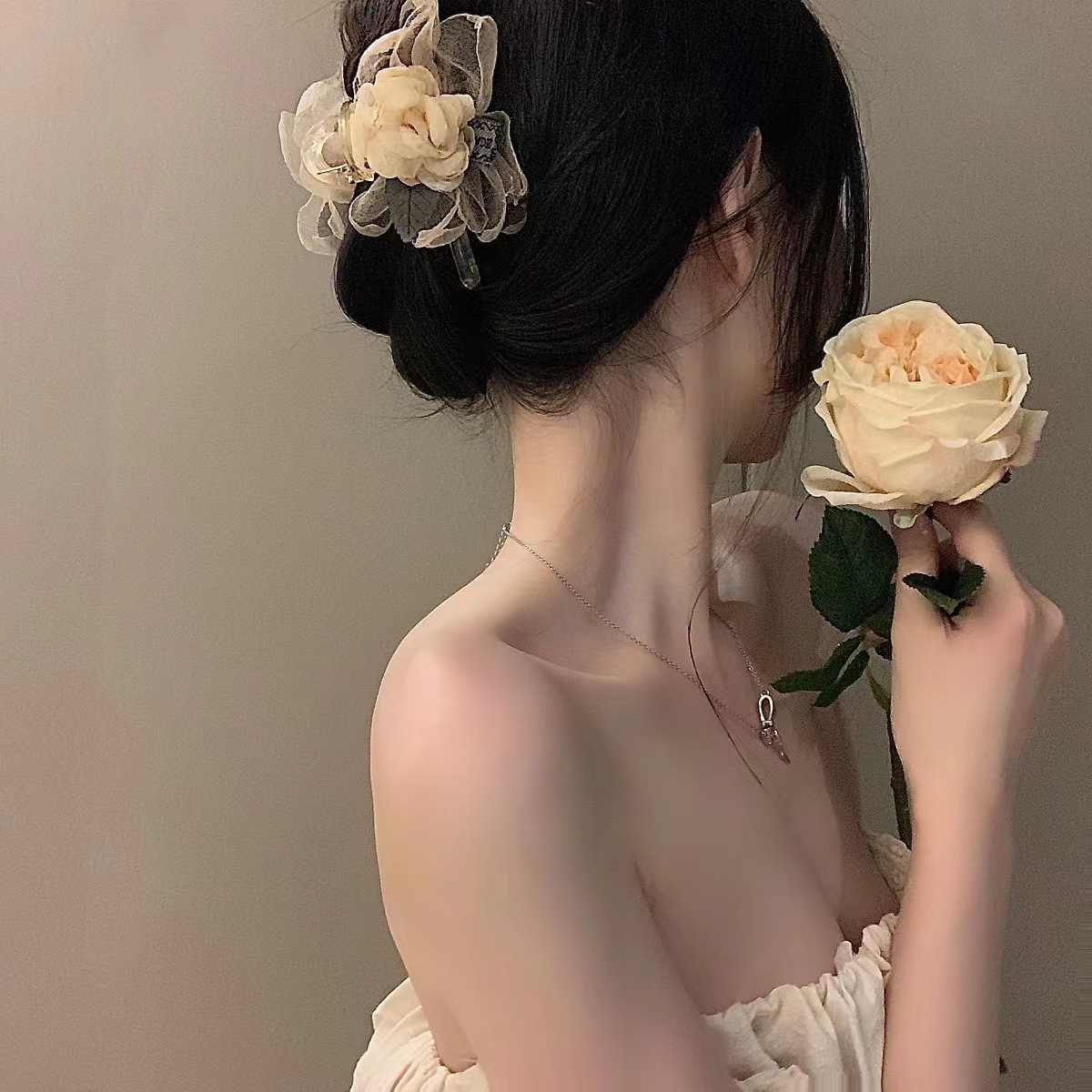 韩版新款文艺气质古风气质网纱花朵抓夹发夹法式后脑勺女发抓头饰                              