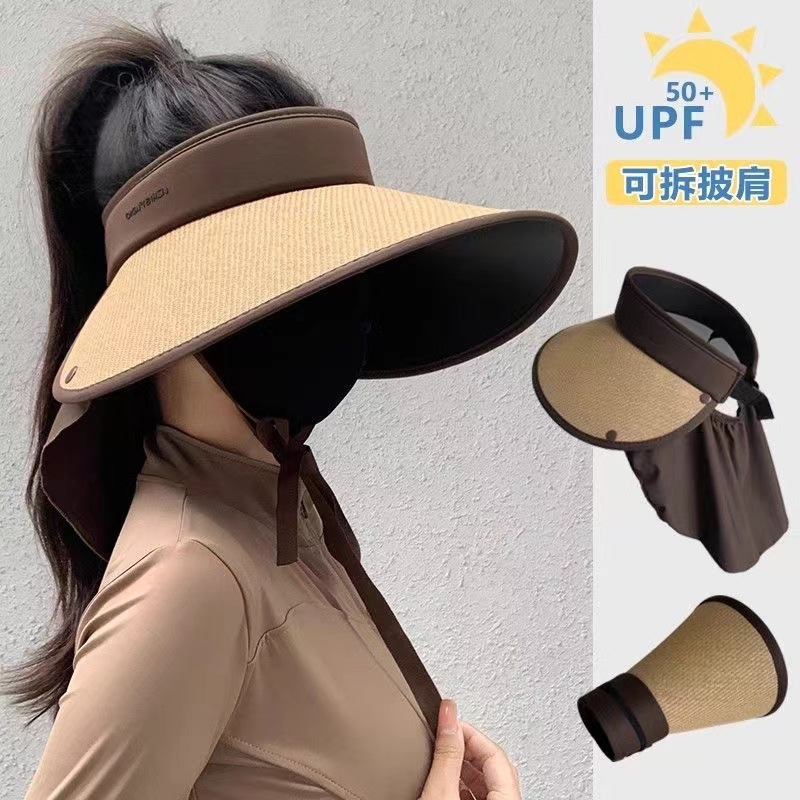 加大帽檐遮阳防晒帽女夏护披肩防紫外线骑车草编空顶太阳帽可折叠