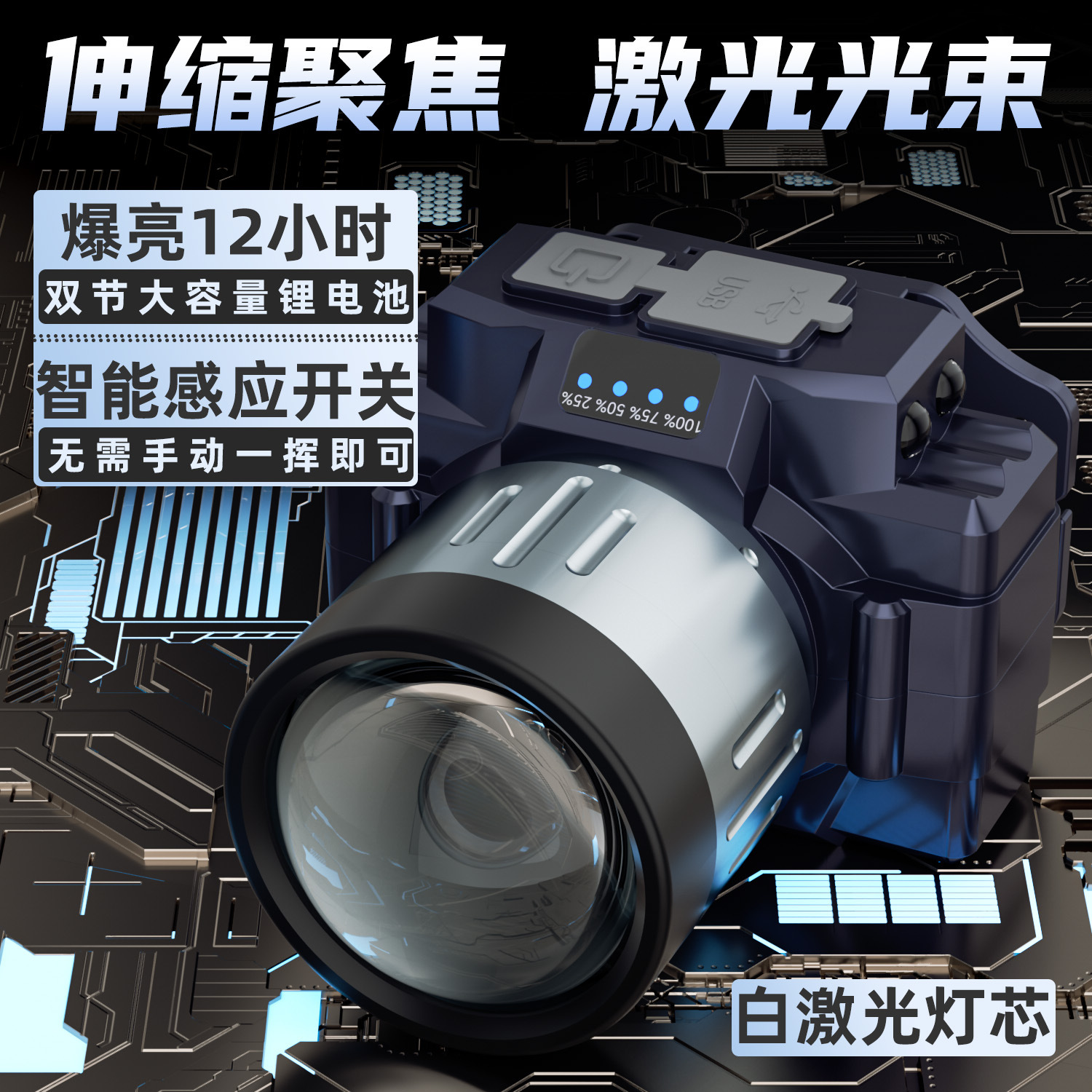LED headlights, high-intensity telescopic focusing headlights, lithium battery rechargeable fishing lights, long-range head-mounted flashlights, outdoor fishing lights, night running and cycling headlights, emergency lights, outdoor headlights