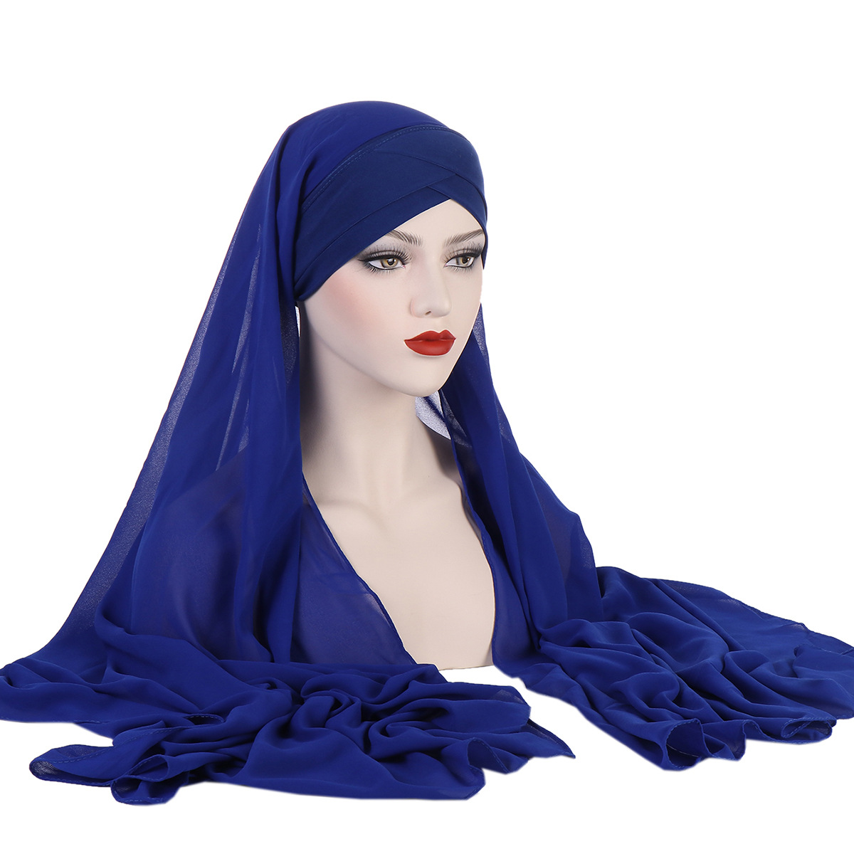 New Convenient Chiffon Wrap Headscarf Four Seasons General Plain Chiffon Scarf Ladies Forehead Cross Headscarf Cap Specification drawing
