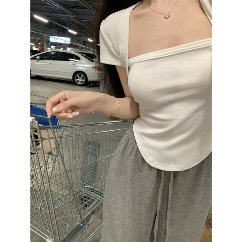 2024夏季新款白色方领短袖t恤女装辣妹纯欲修身设计感上衣打底衫细节图