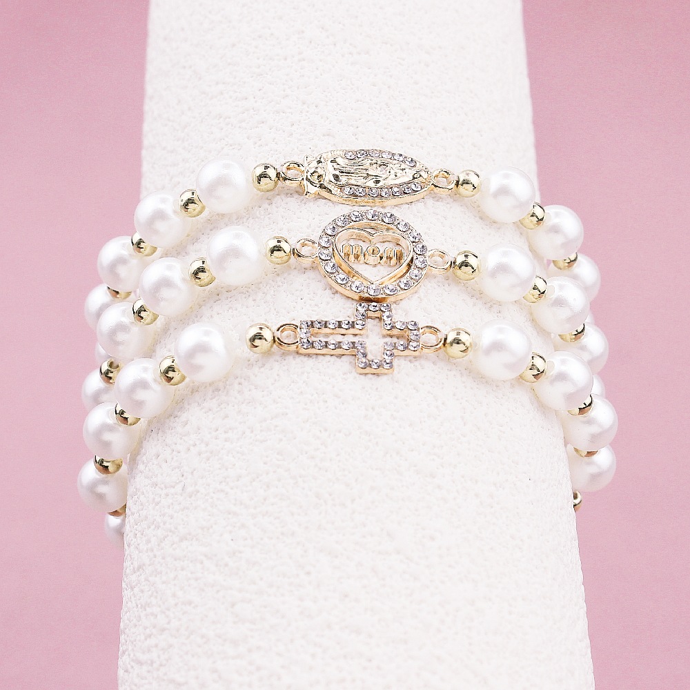 Europe And The United States Foreign Trade Amazon Cross-Border Sales Of The Mother Of Mary Cross Imitation Pearl Bracelet Set Women's Bracelet Couple Gift Manufacturers Wholesale Specification drawing