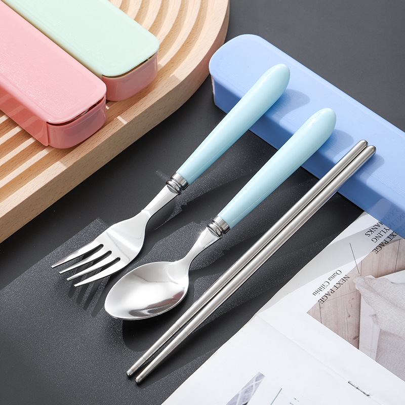 410不锈钢筷子餐具 便携式叉子勺子学生 上班族三件套 可爱收纳盒详情图4